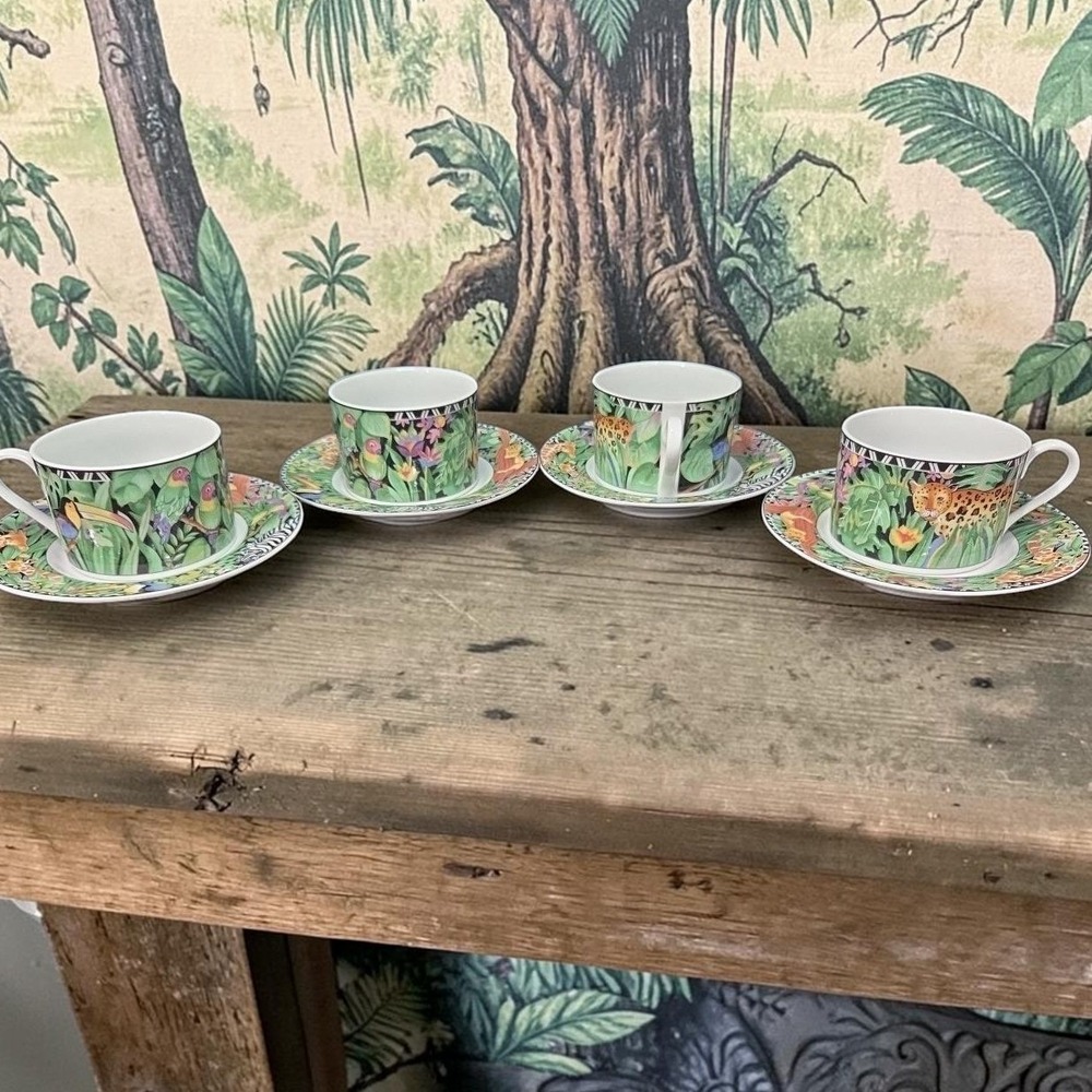 Ultra Porcelain by Sakura Magic Jungle Cup & Saucers, Set of 4 Vintage Tableware